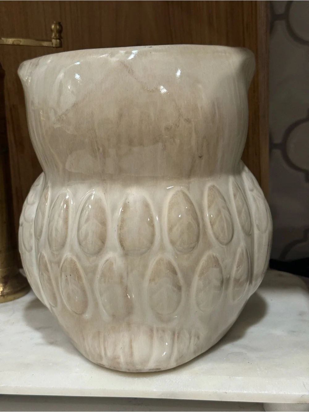 World Market Ceramic Owl Cookie Jar, Light Brown/ Cream with Gold